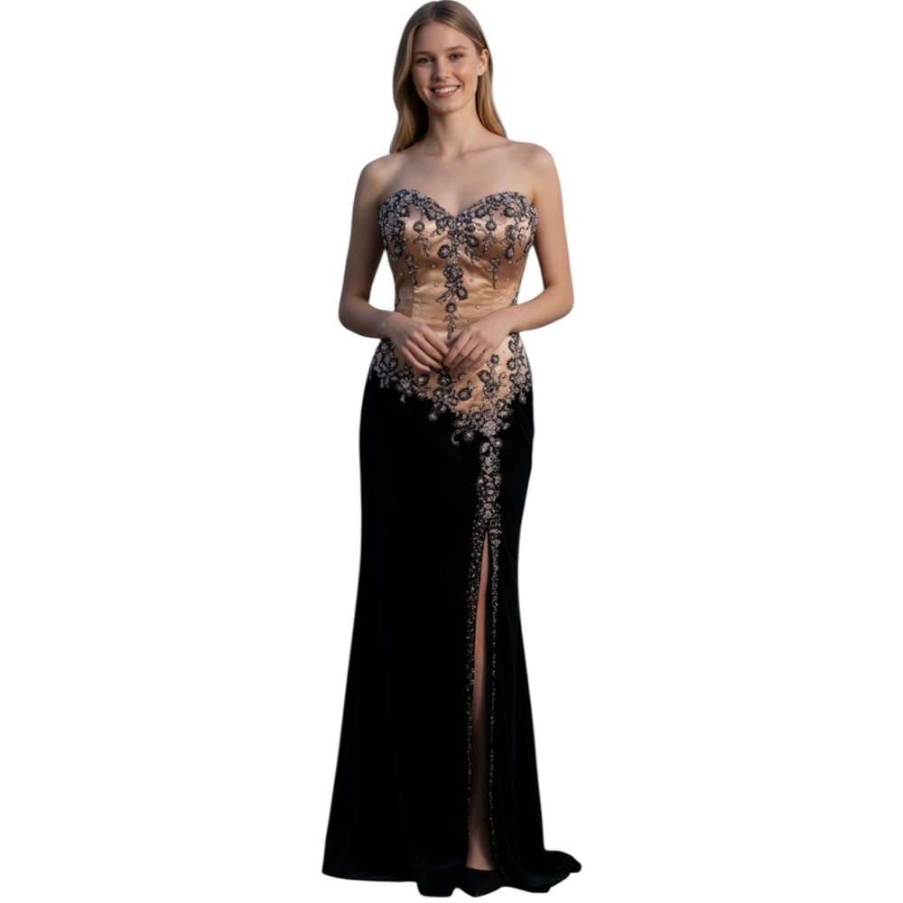 THE CROWN COLLECTION evening gown black sequined gold size 4 formal EUC Pageant